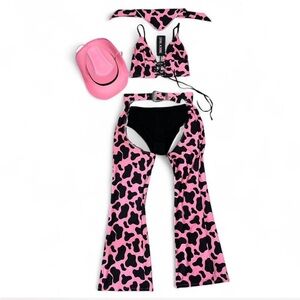 NWT Trickz and treatz 5 piece large pink cow print cowgirl costume (complete)